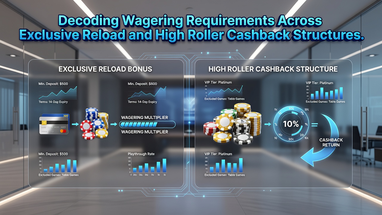 Comparison chart of wagering timelines and contribution percentages between reload and cashback bonus types