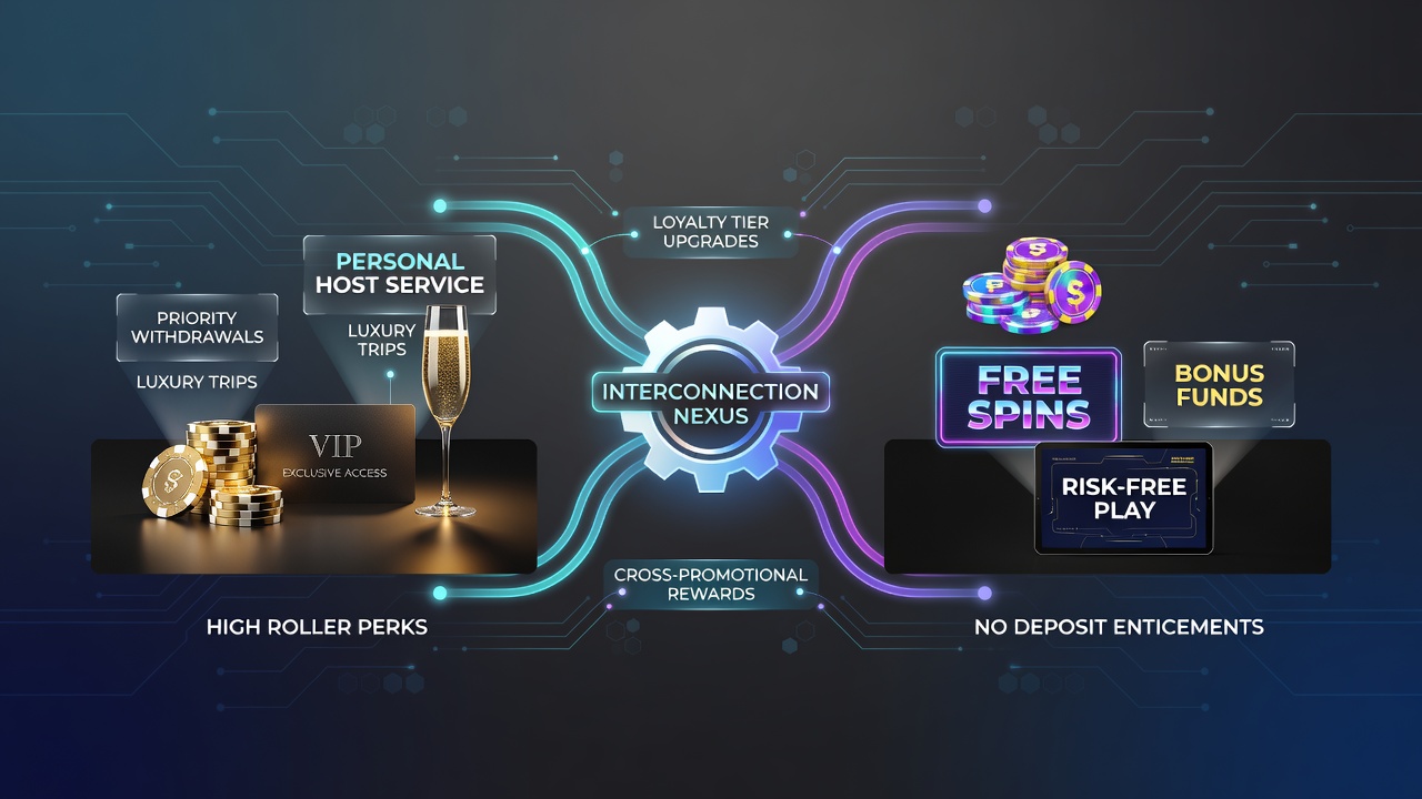 Digital dashboard showing no deposit bonus activation leading to VIP tier progression